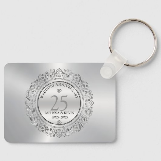 Porte-clés Frame circulaire en argent brillant 25e mariage (Recto)