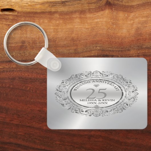 Porte-clés Frame circulaire en argent brillant 25e mariage (Verso)