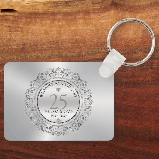 Porte-clés Frame circulaire en argent brillant 25e mariage (Recto)