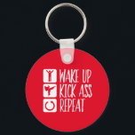Porte-clés Funny Black Belt Martial Arts Wake Up Kick Repeat<br><div class="desc">Wake Up Kick and Repeat. Funny and humorous design for those who love martial arts, karate, judo, taekwondo, ninjutsu, wrestling or boxing. Cool vintage and retro distressed design merchandise for fighters, wrestlers and survivors. Perfect for self defense and fighting class instructor and black belt student. Great Christmas gift and birthday...</div>