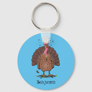 Porte-clés Funny brown farmyard turkey with flies cartoon