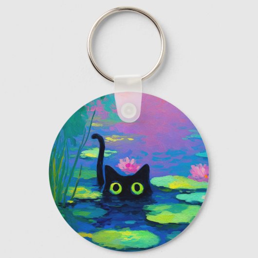 Porte-clés Funny Chat noir nager dans l'étang | L'art bizarre (Recto)