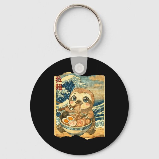 Porte-clés Funny Kawaii Sloth Ramen Noodle Bowl Japanese Wave (Recto)