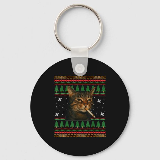 Porte-clés Funny Smoking Cat Meme Christmas Ugly Sweater Cat (Recto)