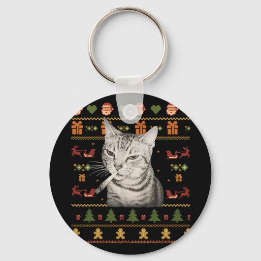 Porte-clés Funny Smoking Cat Meme Christmas Ugly Sweaters For (Recto)