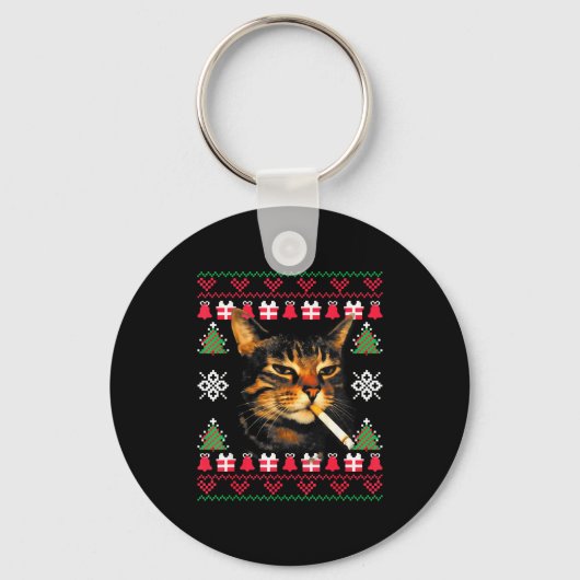 Porte-clés Funny Smoking Cat Meme Ugly Christmas Sweater For (Recto)
