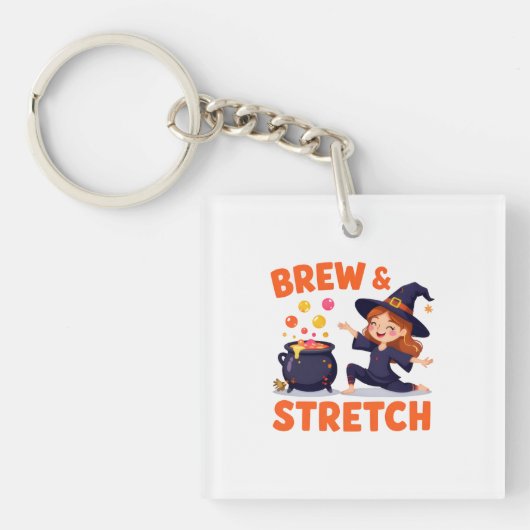 Porte-clés Funny Witch Yoga Design – "Brew & Stretch" Cartoon (Devant)