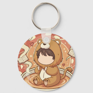 Porte-clés Garçon Lion Mignon Buvant du Café