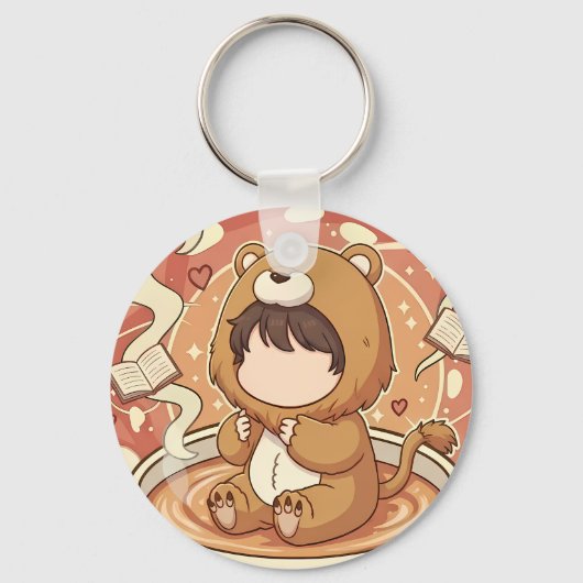 Porte-clés Garçon Lion Mignon Buvant du Café (Recto)