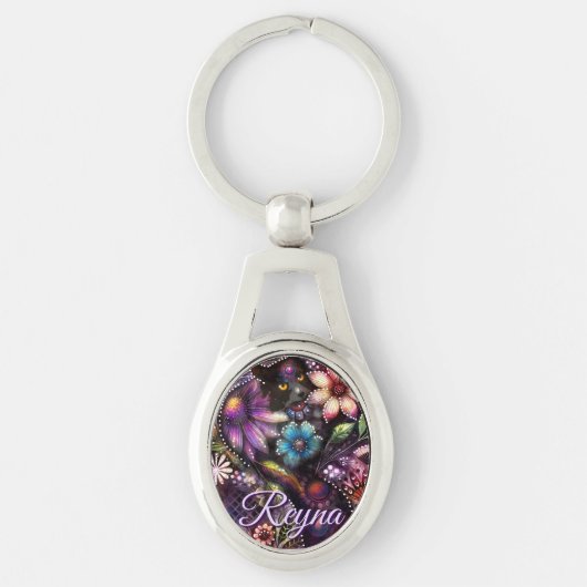 Porte-clés Garden Kitty Cat Floral Abstract Personalized (Devant)
