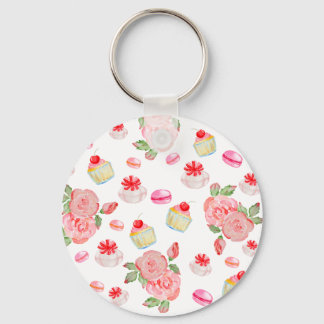 Porte-clés Gâteaux sucrés et roses en aquarelle