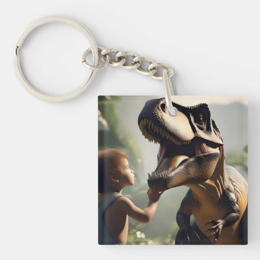 Porte-clés Géant doux : Le T-Rex amical qui aime un chat (Devant)
