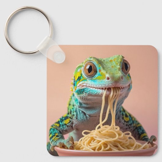 Porte-clés Gecko Drôle Manger Spaghetti (Recto)