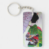 Porte-clés Geisha avec kimono vert et parapluie violet (Devant)