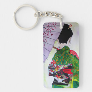 Porte-clés Geisha avec kimono vert et parapluie violet