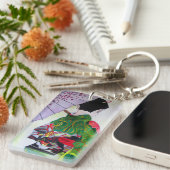 Porte-clés Geisha avec kimono vert et parapluie violet (Devant droit)