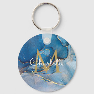 Porte-clés Géode d'agate bleue à monogramme élégant en or