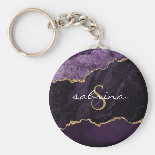 Porte-clés Géode d'agate Monogramme Violet Or (Devant)