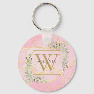 Porte-clés Géode d'agate rose à monogramme doré élégant et ve