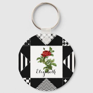 Porte-clés Géométrie en noir et blanc avec Rose rouge et nom