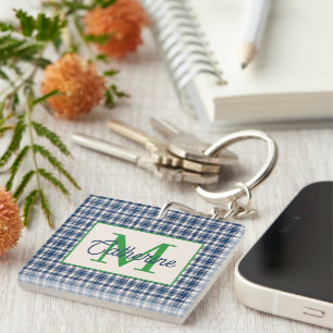 Porte-clés Gingham à carreaux bleu et vert Tartan Monogramme