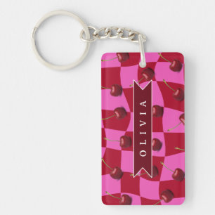 Porte-clés Gingham Cerise Personnalisé Rétro Nom Personnalisé