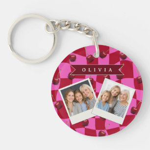 Porte-clés Gingham Cerise Personnalisé Rétro Nom Personnalisé