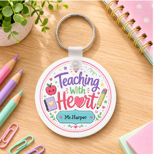 Porte-clés Gingham Pastel Personnalisé Enseigner Avec Coeur 