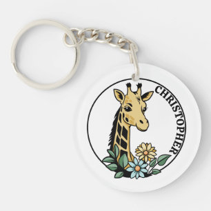 Porte-clés Girafe Et Fleurs Nom Personnalisé