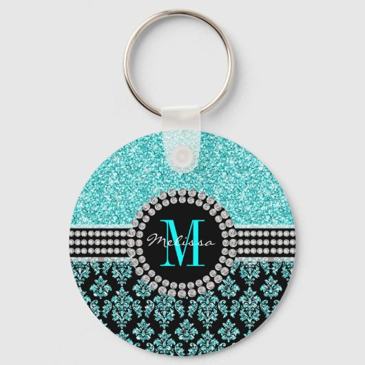 Porte-clés Girl Aqua Parties scintillant bleue Monogramme Dam (Recto)