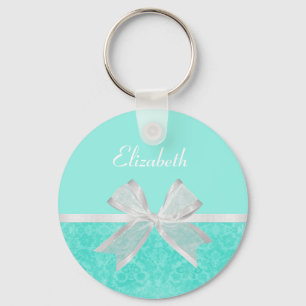 Porte-clés Girl Aqua Turquoise Damask Ruban blanc avec nom