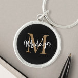 Porte-clés Girl Black Gold Monogramme Nom Élégant Script chic<br><div class="desc">Girly Black Gold Monogramme Nom Elegant Chic Script Porte - clé. Personnalisez facilement ce porte - clé élégant moderne avec votre monogramme et votre nom personnalisés.</div>