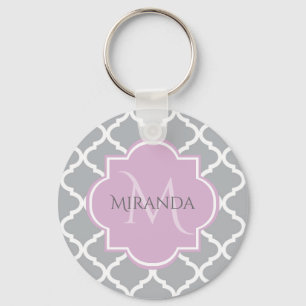 Porte-clés Girl Grey Quatrefoil Lavender Monogramme et nom