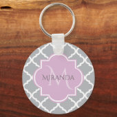 Porte-clés Girl Grey Quatrefoil Lavender Monogramme et nom (Recto)