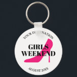 Porte-clés Girls Weekend voyage destination stiletto<br><div class="desc">Girls Weekend voyage destination stiletto porte - clé. Design glamour girly avec typographie élégante et silhouette de chaussure de talon rose néon. Amusement pour la fête de bachelorette, douche nuptiale, Anniversaire, mariage, sorties nocturnes pour filles, escapade pour dames, vacances en groupe, amis de voyage, etc. Créez-en un pour vos amis,...</div>