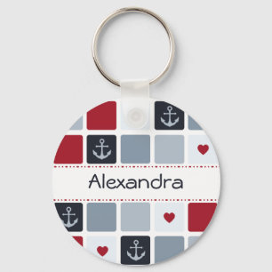 Porte-clés Girly Marine et Red Ancre Motif de coeur avec nom