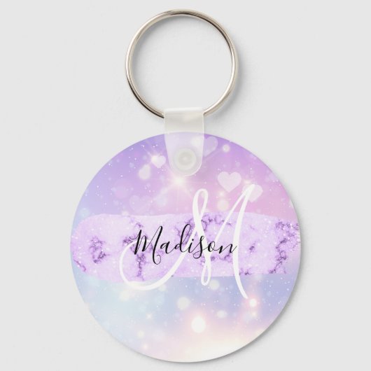Porte-clés Girly Sparkly Unicorn Rainbow Hearts Monogramme (Recto)