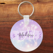 Porte-clés Girly Sparkly Unicorn Rainbow Hearts Monogramme (Recto)