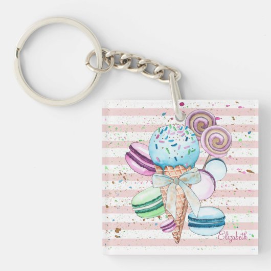 Porte-clés Glace à l'aquarelle,Macarons,Rayes roses (Devant)