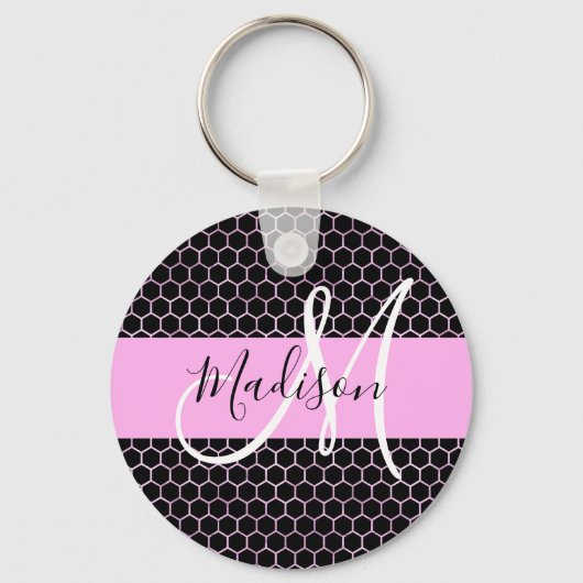 Porte-clés Glam Black Metallic Rose Nid d'abeille Monogramme (Recto)