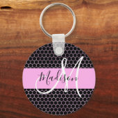 Porte-clés Glam Black Metallic Rose Nid d'abeille Monogramme (Recto)