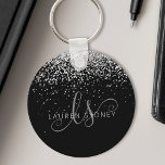 Porte-clés Glam Black Silver Parties scintillant Nom du monog<br><div class="desc">Glam Black Silver Parties scintillant Élégant Porte - clé Monogram,  Personnalisez facilement ce design porte - clé chic et branché avec élégante parties scintillant brillante argent sur un arrière - plan noir. Le design comprend votre monogramme manuscrit avec de jolis tourbillons et votre nom.</div>