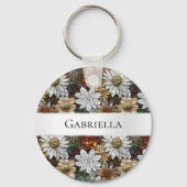 Porte-clés Glam Champagne Or Rouge Fleurs blanches (Recto)