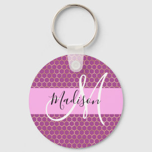 Porte-clés Glam Fuchsia Métallic Rose Nid d'abeille Monogramm