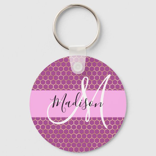 Porte-clés Glam Fuchsia Métallic Rose Nid d'abeille Monogramm (Recto)