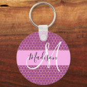 Porte-clés Glam Fuchsia Métallic Rose Nid d'abeille Monogramm (Recto)
