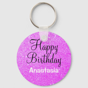 Porte-clés Glam Happy Birthday Purple Glitter Sparkle Name