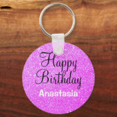 Porte-clés Glam Happy Birthday Purple Parties scintillant Nom (Recto)