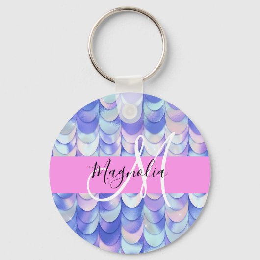 Porte-clés Glam Iridescente Blue Mermaid Scales Nom Monogramm (Recto)