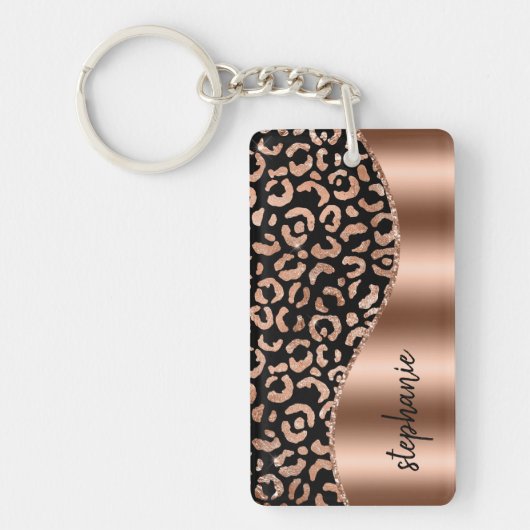 Porte-clés Glam Leopard Spots Rose Gold Black Metallic Nom (Devant)